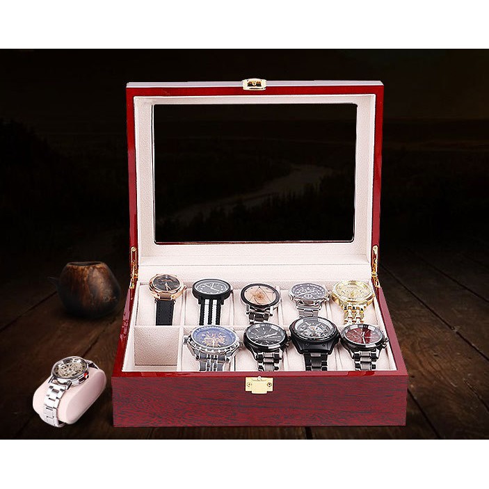 ภาพหน้าปกสินค้าS4 กล่องใส่นาฬิกา 10 ช่อง ไม้มะฮ็อกกานี กล่องใส่นาฬิกาไม้จริง