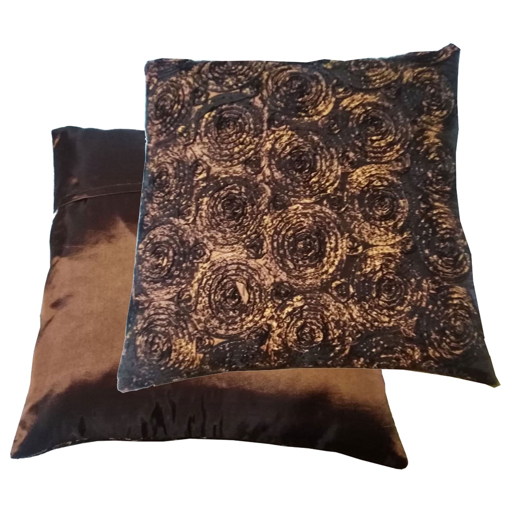 A53 Thai Silk Pillow Covers ปลอกหมอนอิง ไหมไทยลายดอกกุหลาบ 16×16 นิ้ว 1 คู่ สีน้ำตาลเข้ม