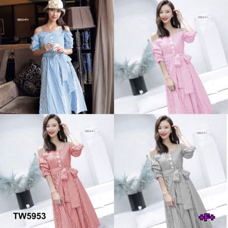 TW5953Dress เดรสสายเดี่ยวทรงปาดไหล่ เนื้อผ้าคอตตอน แขนแต่งเรเยอร์ย่นๆ ขอบไหล่เป็นยางยืด ข้างเอวเย็บติดสายผูกเอวเป็นสวยๆ