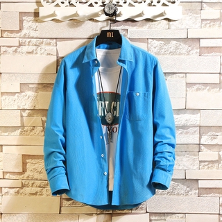ของผู้ชาย ผ้าลูกฟูก เสื้อเชิ้ตแขนยาว Slim-Fit เสื้อสีขาว ธุรกิจลำลอง สีทึบเสื้อผ้านิ้ว