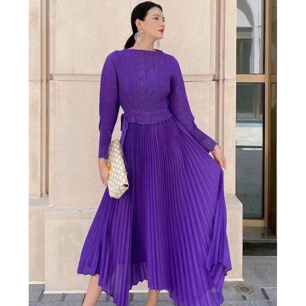 2muay-pleat-เดรสผู้หญิง-เดรสพลีทคุณภาพ-รุ่น-cx60544-3สี-free-size-angle-sleeve-tie-waist-pleat-dress