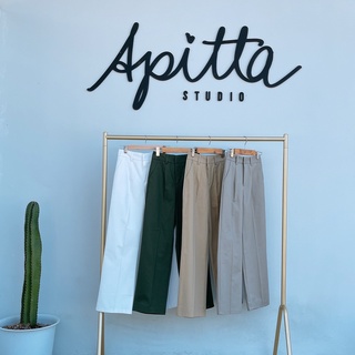 Apitta Studio กางเกงเอวสูงขายาว ขากระบอกตรง ดีเทลกระเป๋าเฉียงแต่งหูเข็มขัด เนื้อผ้าคอตตอนทรงสวย สีพื้นเอิร์ธโทน ก09