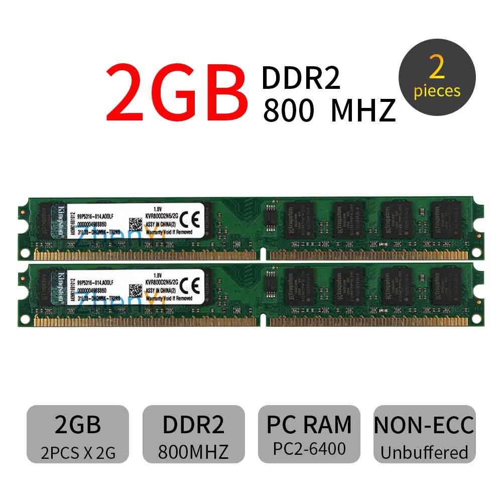 2PCS 2GB DDR2 RAM 800MHZ PC2-6400U DIMM CL6 Desktop narrow Memory