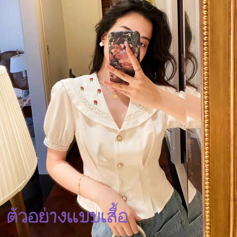 เสื้อคอปก-ปักดอกกุหลาบ-แขนตุ๊กตา-สินค้าจริงสวยกว่าในรูป