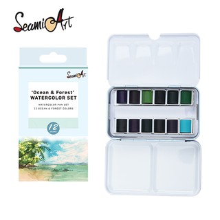 SeamiArt 12pcs/set Ocean & Forest Colors Solid Watercolor with 1pc Portable Metal box_Art Supplies/Stationery