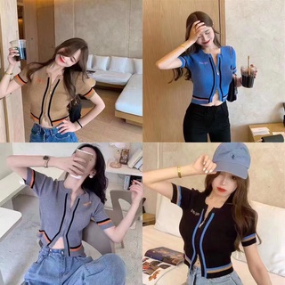 Bonnie(พร้อมส่ง/ใหม่)#1921Summer 2021 เสื้อสเวตเตอร์แขนสั้นทรงสลิมฟิตเอวสั้นเสื้อยืดผู้หญิง