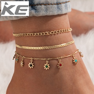 Korean Version MultiChain Color Flower Pendant Anklet Set Gold Anklet 3-Piece Set for girls fo