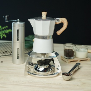 (สีขาว) ชุดเตาแก๊สมินิ + กาต้มมอคค่าพอท Moka pot + เครื่องบดมือหมุน + 2-1 ช้อนตักกาแฟ