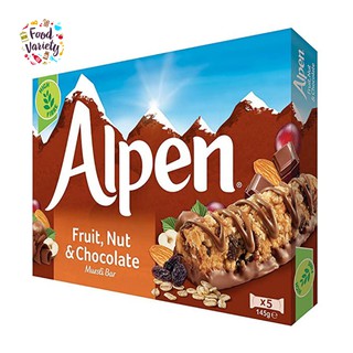 สินค้า Alpen Fruit, Nut & Chocolate Oat Bar X 5 Bars 145g อัลเพน ธัญพืชผสมโอ๊ตชนิดแท่งผสมผลไม้และถั่วเคลือบช็อคโกแลต 145กรัม
