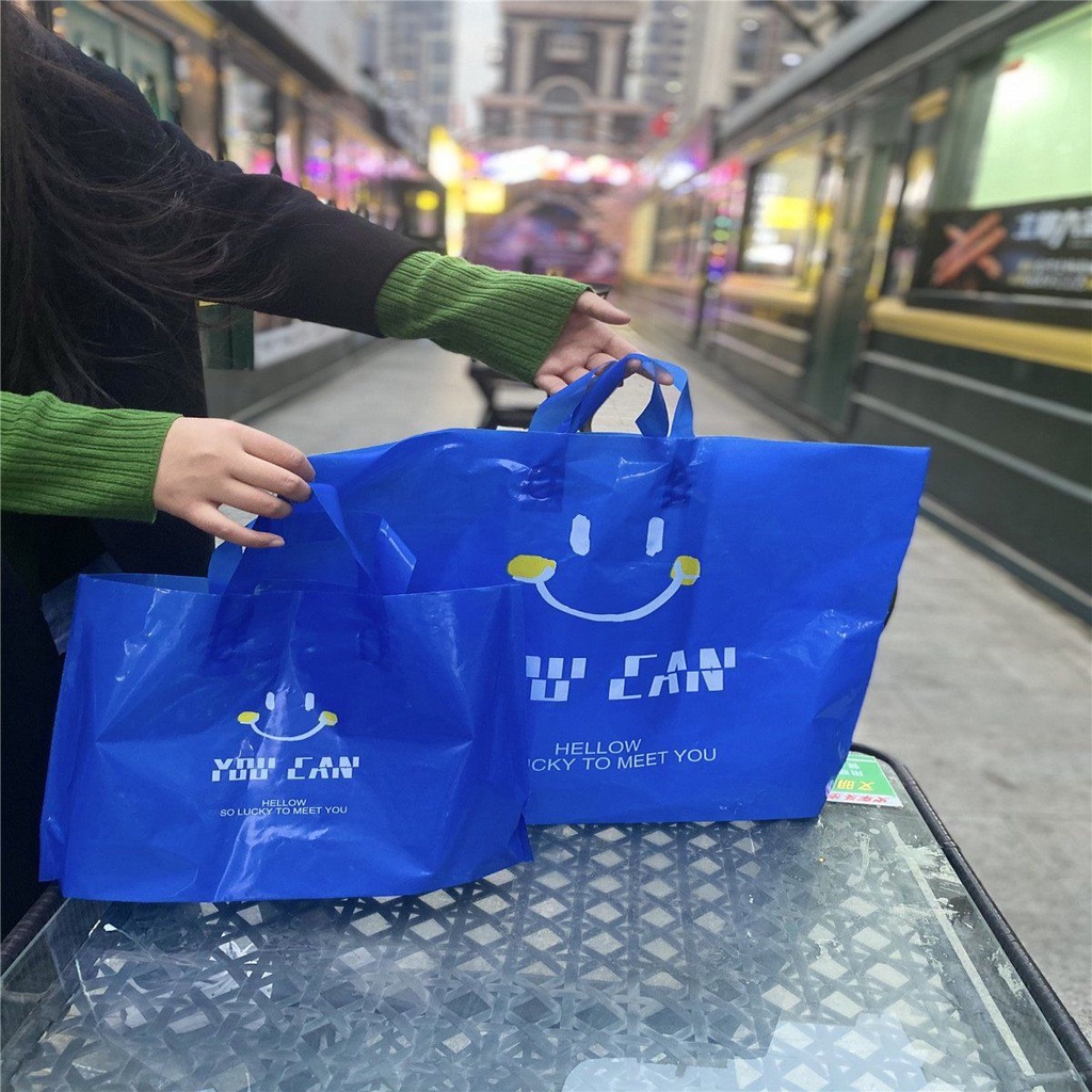 ถุงพลาสติกklein-blue-smiley-plastic-clothes-store-tote-bag-ร้านขายเสื้อผ้าสตรีบรรจุภัณฑ์เชิงพาณิชย์ถุงช้อปปิ้งชื่อร้านค้