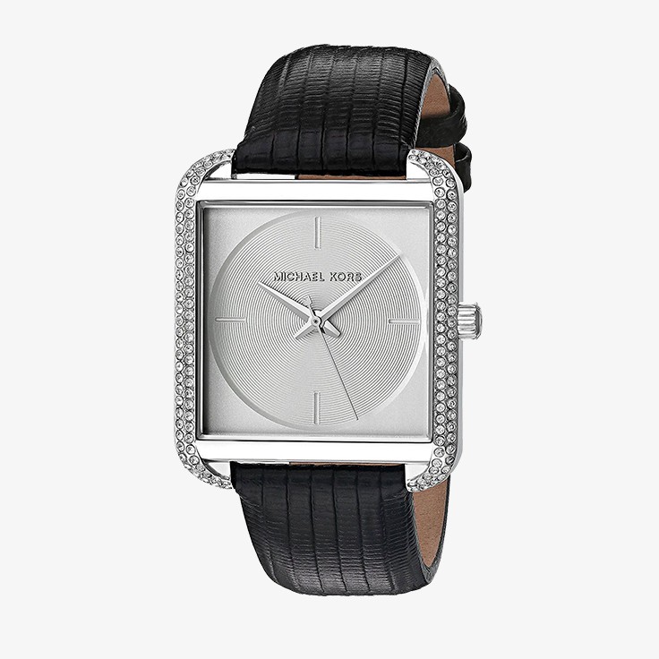 ภาพหน้าปกสินค้าMICHAEL KORS นาฬิกาข้อมือผู้หญิง รุ่น MK2583 Lake Silver Glitz - Black Leather Strap