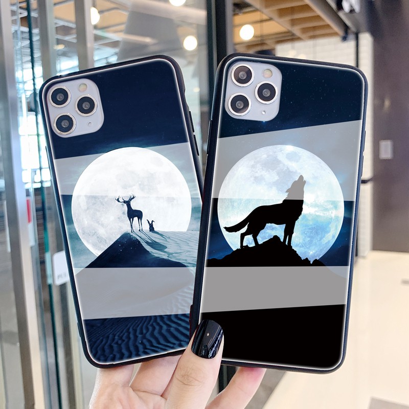 เคส-samsung-galaxy-s20-pro-s10-lite-a2-a01-core-case-moonlight-wolf-deer-hard-glass-cover-เคส-samsung-s10e-s20-ultra-s9-s8-plus-protection-phone-casing