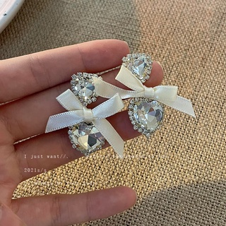 925 silver needle diamond bow love earrings temperament Korean style sweet goddess fan earrings female for girls for wom
