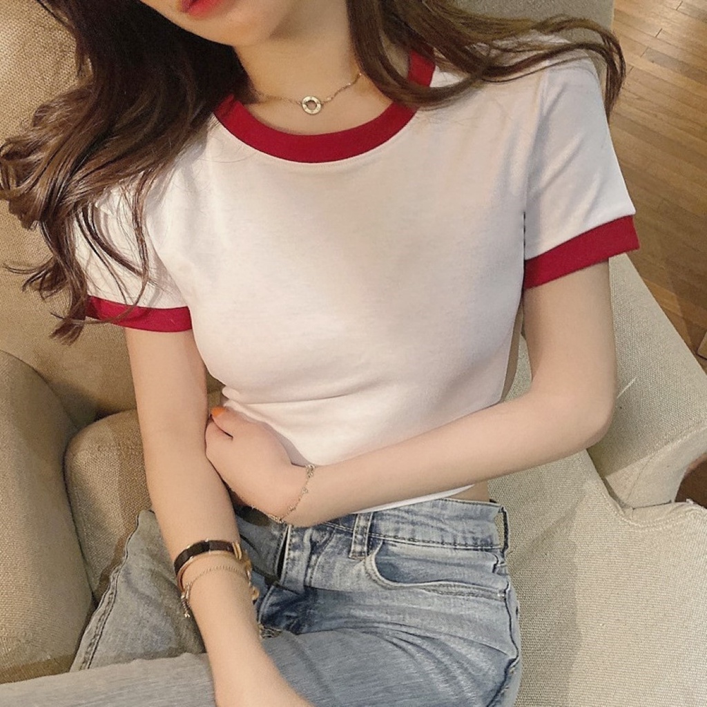 สต็อกไทย-ff-เสื้อยืดผ้าคอตตอนทรงพอดีตัว-แต่งกุ้นขอบ-4-สี