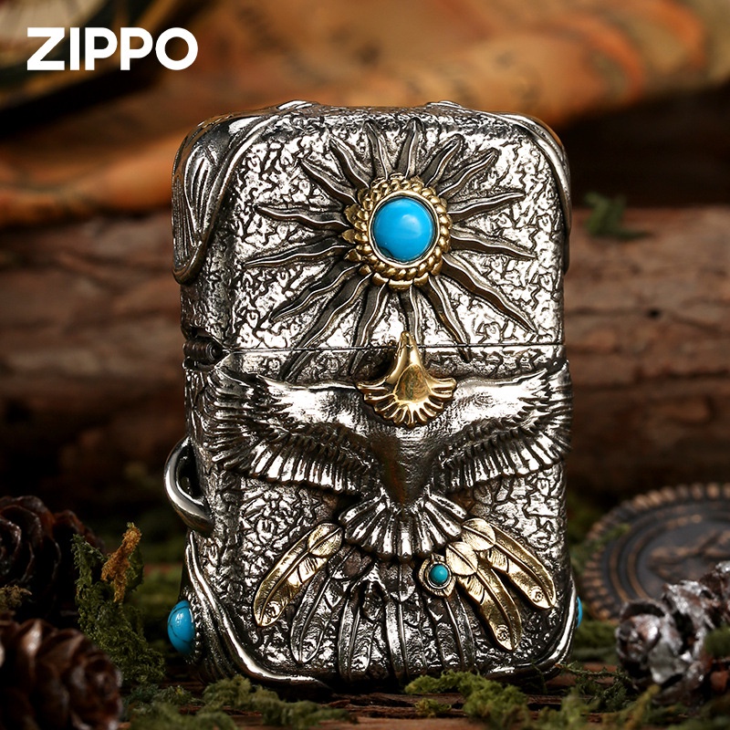 zippo-zippo-ของแท้-zippo-united-states-ของแท้-sun-eagle-indian-turquoise-ruby-windproof-น้ำมันก๊าดไฟแช็ก