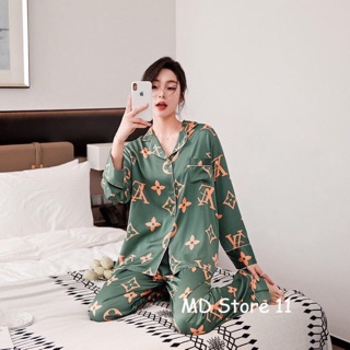 Pajamas ชุดนอนสไตล์เกาหลี ชุดนอนพรีเมียม ชุดนอนผ้าซาติน ลายLV💚💚