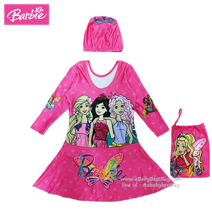 เฉพาะไซส์-xs-ชุดว่ายน้ำเด็กผู้หญิง-barbie-สีชมพู-บอดี้สูทเสื้อแขนยาวกระโปรง-มาพร้อมหมวกว่ายน้ำและถุงผ้า