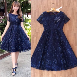 ชุดราตรีสั้น!!! M-L Dress เดรสสีกรมผ้าปักลูกไม้สวยหรู งานป้าย Love Love