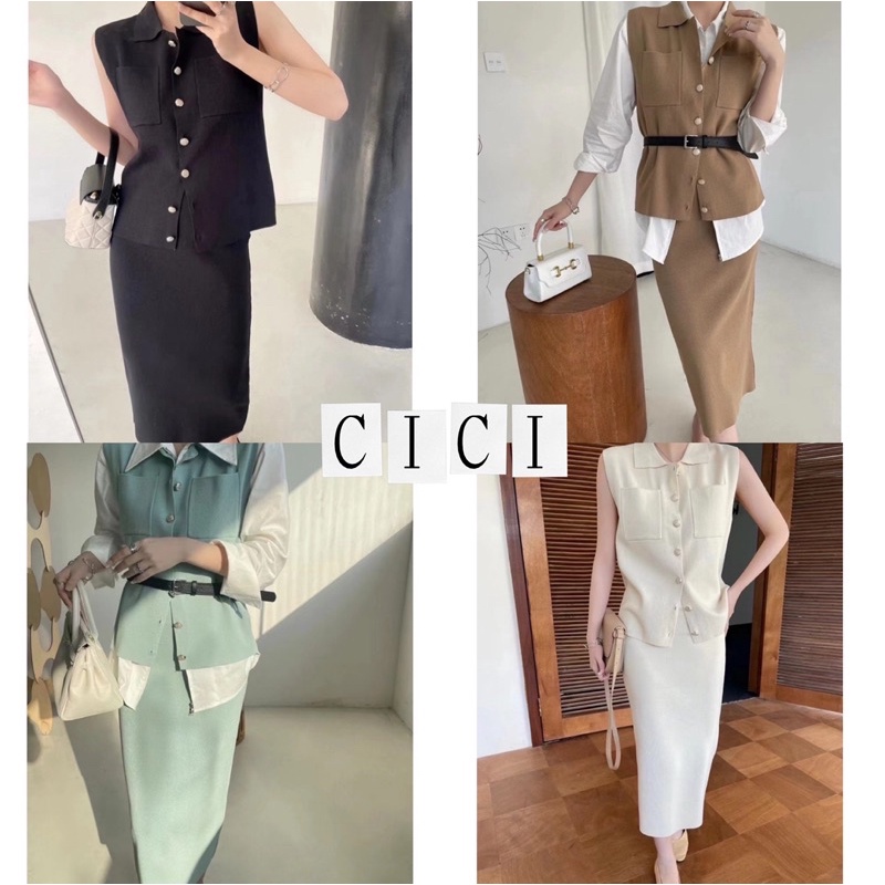 cici-พร้อมส่ง-no-1907-2526-เซท-2-ชิ้น-เสื้อแขนกุด-กระโปรงยาวผ่าข้างไหมพรม-แมชคู่-ลุคสุดปัง-ดูน่ารักแบบมีเทสสุดๆ