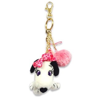 แท้ 100% จากญี่ปุ่น พวงกุญแจ สนูปปี้ เบล Snoopy Basic Bell Pink Ribbon Fuzzy Fur Plush Doll Ball Chain