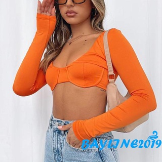 BAY-Women Sexy Crop Tops, Solid Color Low Cut Long Sleeve T-shirt Showing Belly Button Clubwear