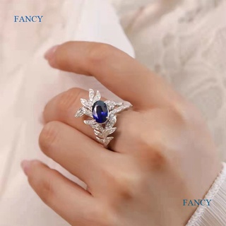 Fancy แหวนเพทาย ทรงเรขาคณิต ใบไม้ สีฟ้า AAA ประดับเพทาย สไตล์เกาหลี ปรับได้ เครื่องประดับ สําหรับผู้หญิง