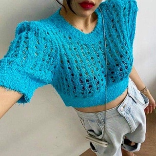 POMPOM CROP | เสื้อครอปไหมพรมknit ปุย มีฟองน้ำบ่า เอวจั้ม น่ารักมากกก