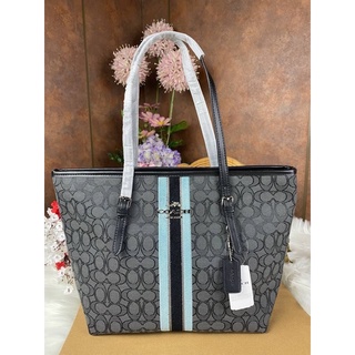 COACH F39043 ZIP TOP TOTE IN SIGNATURE JACQUARD WITH STRIPE