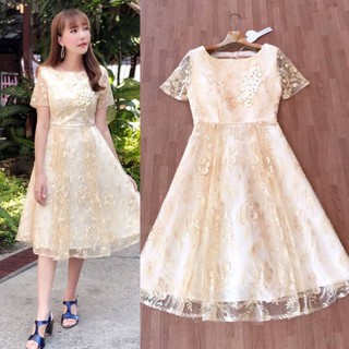 ชุดราตรีสั้น!!! M-L Dress เดรสสีครีมทองผ้าปักลูกไม้สวยหรู งานป้าย Love Love