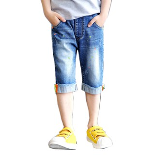 เด็กชายแฟชั่นฤดูร้อนล้างกางเกงยีนส์ตัวอักษรพิมพ์กลางกางเกงยีนส์
