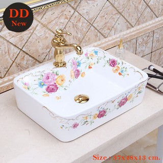 อ่างล้างหน้าเซรามิกทรงสี่เหลี่ยมลายดอกไม้  ( Rose basin DD005)