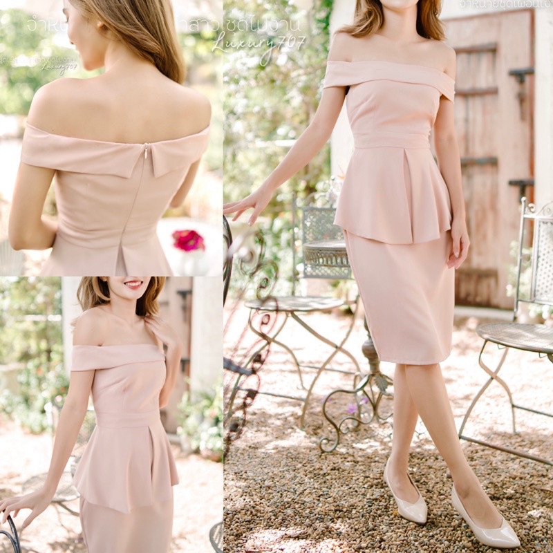 เดรสเปิดบ่าสายเกาหลี VG9570 พรางพุง ระบายเอว ชุดไปงานแต่ง ใส่สบาย ผ้าครีพพริ้ว มุมมองที่ 2