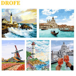 DROFE ภาพวาดระบายสีตามตัวเลข DIY ลายสถาปัตยกรรม สำหรับตกแต่งบ้าน ขนาด 50X40 ซม.