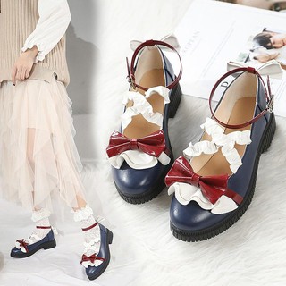 🔥Hot sale！ Xueji LOLITA รองเท้าหนังสีน้ำเงินกะหล่ำปลี Lolita รองเท้านักเรียนหญิงอ่อนขั้นพื้นฐาน OP รอบนิ้วเท้า JSK โบว์