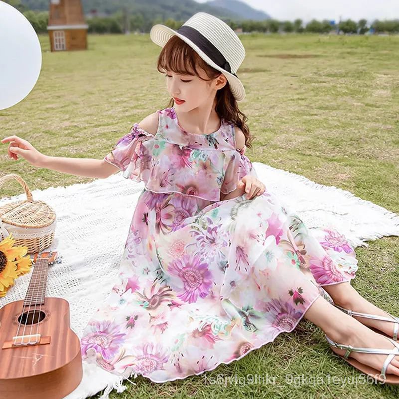 ฤดูร้อน-2021-ใหม่-ชุดเดรสชีฟองเด็กผู้หญิง-ชุดเดรสแฟชั่นเกาหลี-สาวชุดเจ้าหญิงลายดอกไม้-เดรสคอกลมแขนสั้น