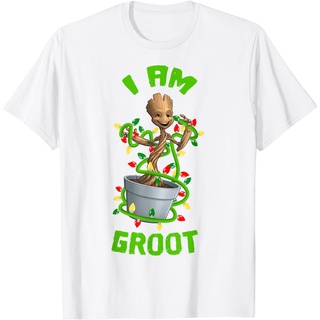 เสื้อยืดผ้าฝ้ายพรีเมี่ยม เสื้อยืด พิมพ์ลายการ์ตูน Marvel Christmas I Am Groot