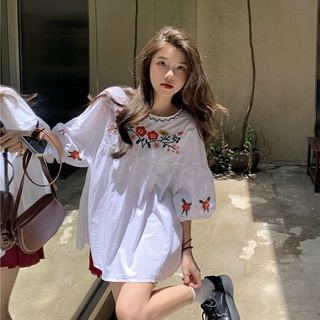 ❇ 🍒 S-XL แฟชั่นโคมไฟแขนแขนสั้นเสื้อใหม่หวานชิ้นรักวิทยาลัยสไตล์ปักหลวมแขนสั้นเสื้อด้านบน