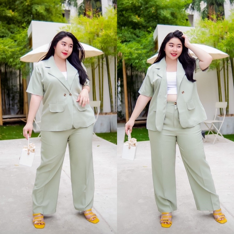 เซ็ท-blazer-แขนสั้น-ขายาวสาวอวบ-กางเกงเก็บทรงสาวอวบ