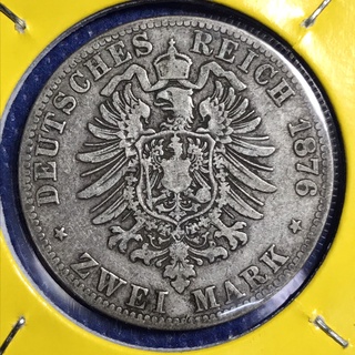 เหรียญเงิน#14703 ปี1876 เยอรมัน 2 MARK เดิมๆ เหรียญสะสม เหรียญต่างประเทศ เหรียญหายาก