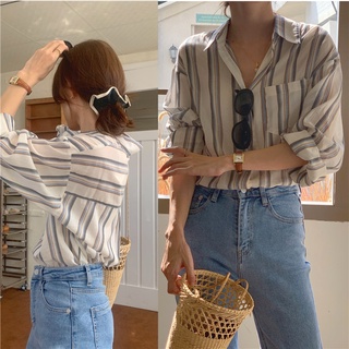 เสื้อเชิ้ตแขนยาวลําลอง ลายทาง แนวตั้ง สีฟ้า แบบเรียบง่าย สไตล์เกาหลี สําหรับผู้หญิง