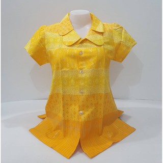เสื้อลายไทยคอบัว 2 ชั้น ผ้าพิมพ์ทอง - สีเหลืองลายไทย ผู้หญิง