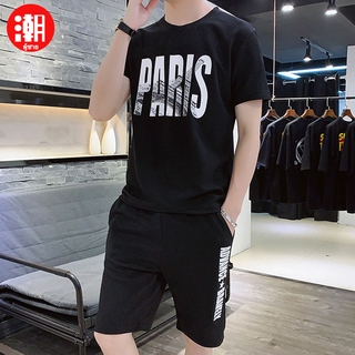 ผู้ชายฤดูร้อนชุดกีฬาสบายผ้าฝ้ายเสื้อยืดสบาย ๆ แขนสั้น + กางเกงขาสั้นคอกลมแฟชั่นพิมพ์ด้านบนทุกวันป่า M-4XL