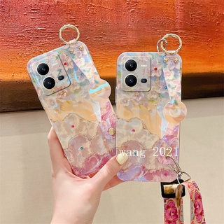 เคสโทรศัพท์ Phone Case VIVO V25 V25e V25 Pro 5G Y35 2022 เคส Casing Shiny Luxurious Rhinestone Flowers with Wristband Long Lanyard Soft Case