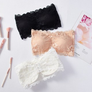 เกาะอกลูกไม้ ตะขอหลัง ปรับได้ 3 ระดับ เสริมฟองน้ำ ฟองน้ำถอดออกได้ Lace Strapless Tube Top Bralette Bandeau Bra