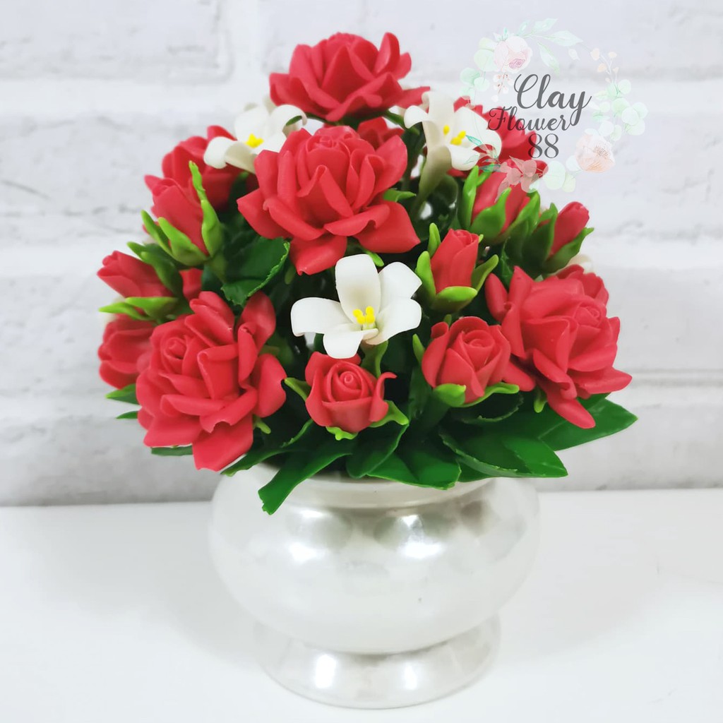ดอกกุหลาบแดง-จัดทรงพุ่ม-สูง-6-นิ้ว-งานปั้น-ดอกไม้-ไหว้พระ-บูชาพระ-ประดิษฐ์-จาก-ดินไทย-กระถางเซรามิกมุก