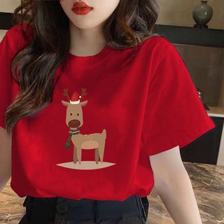 CX เกาหลีเสื้อยืดขนาดบวกคอกลมการ์ตูนคริสมาสต์รูปแบบการพิมพ์เสื้อยืดเสื้อยืดขนาดใหญ่สําหรับผู้ชา C0uเสื้อยืด