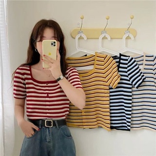 🌟พร้อมส่ง🌟 เสื้อไหมพรมลายทาง คอกว้าง​ แขนสั้น น่ารักมากๆ​ กระดุมเย็บหลอกไม่ต้องกลัวโป๊จร้าาา