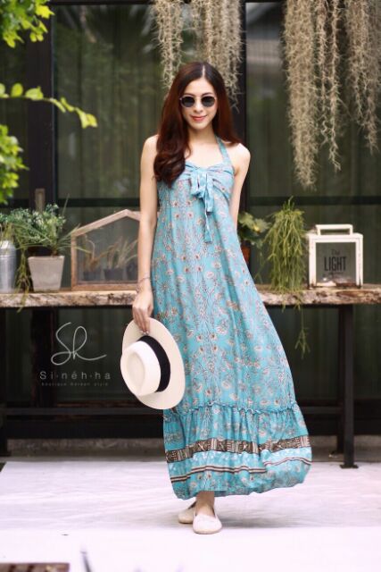 maxi-dress-ปริ้นลายลายดอกแต่งเชิงชายสีสีสันสดใสลายสวยมากๆค่าาสีคมชัด