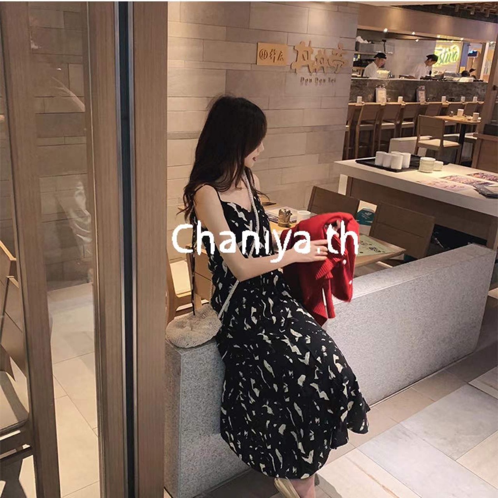 chaniya-th-พร้อมส่ง-ชุดเดรสยาวเลยเข่าคอวีสายเดียวแบบผูกแบบใหม่ข่าวดำสุดนักรักสไตล์เกาหลี