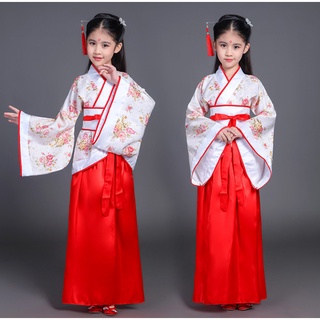 ชุดตรุษจีนเด็ก ชุดจีนเด็ก ชุดฮันฟู เสื้อคอจีนแขนยาว ลายดอกไม้ สีขาว พร้อมกระโปรงสีแดง